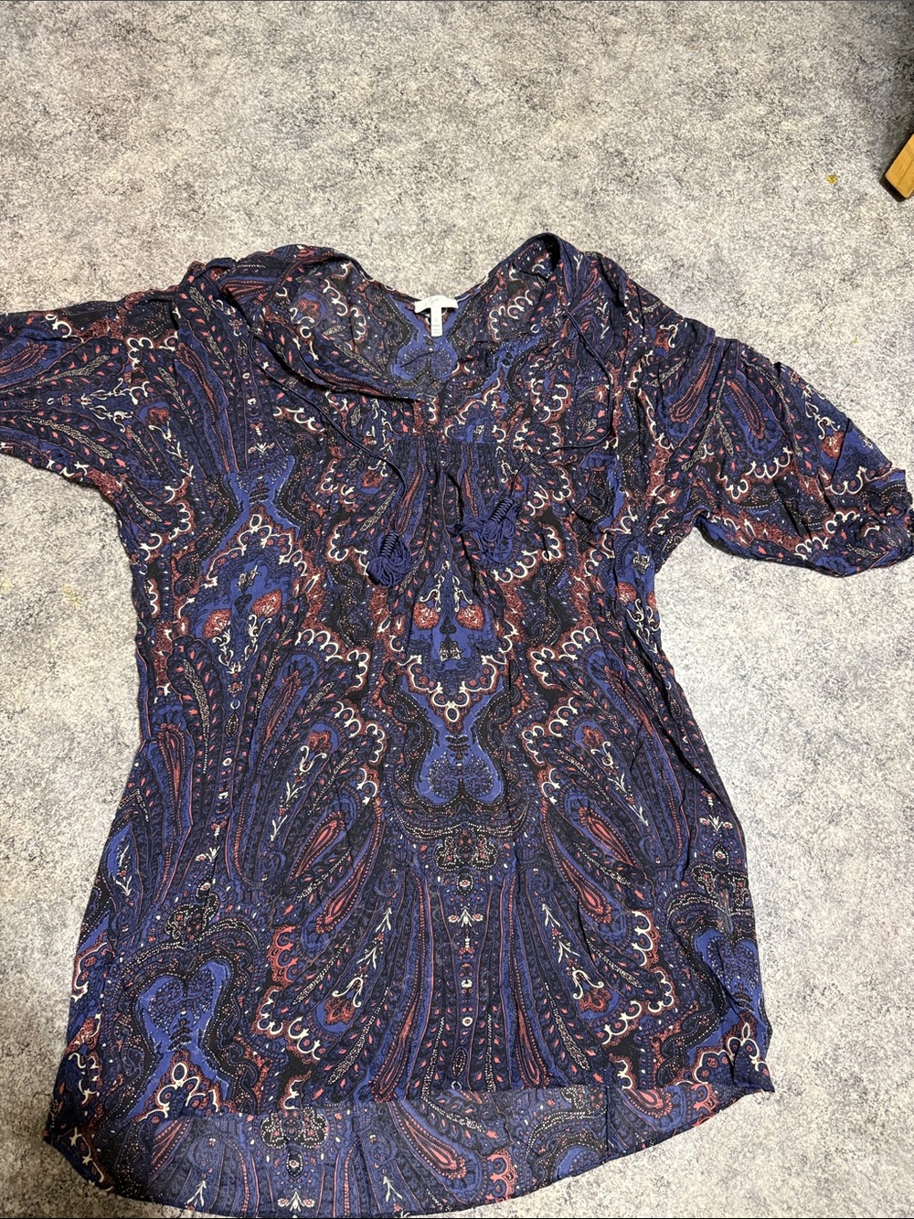 Joie Blue Paisley Silk Blouse with Rust and Cream Accents